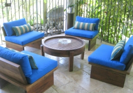 Block low teak chairs