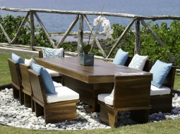 Low Teak outdoor rectangular dining table with block dining chairs